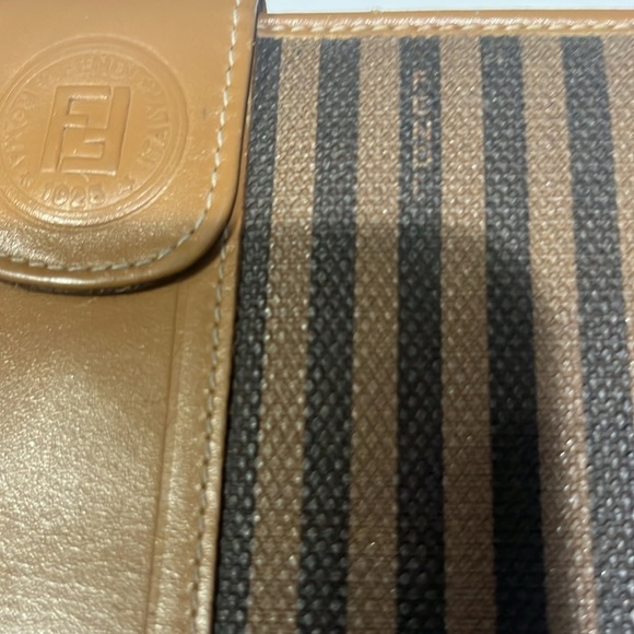 Vintage Fendi Regimental Stripe Leather Trim Continental Clutch Wallet Tan Black - Picture 3 of 12